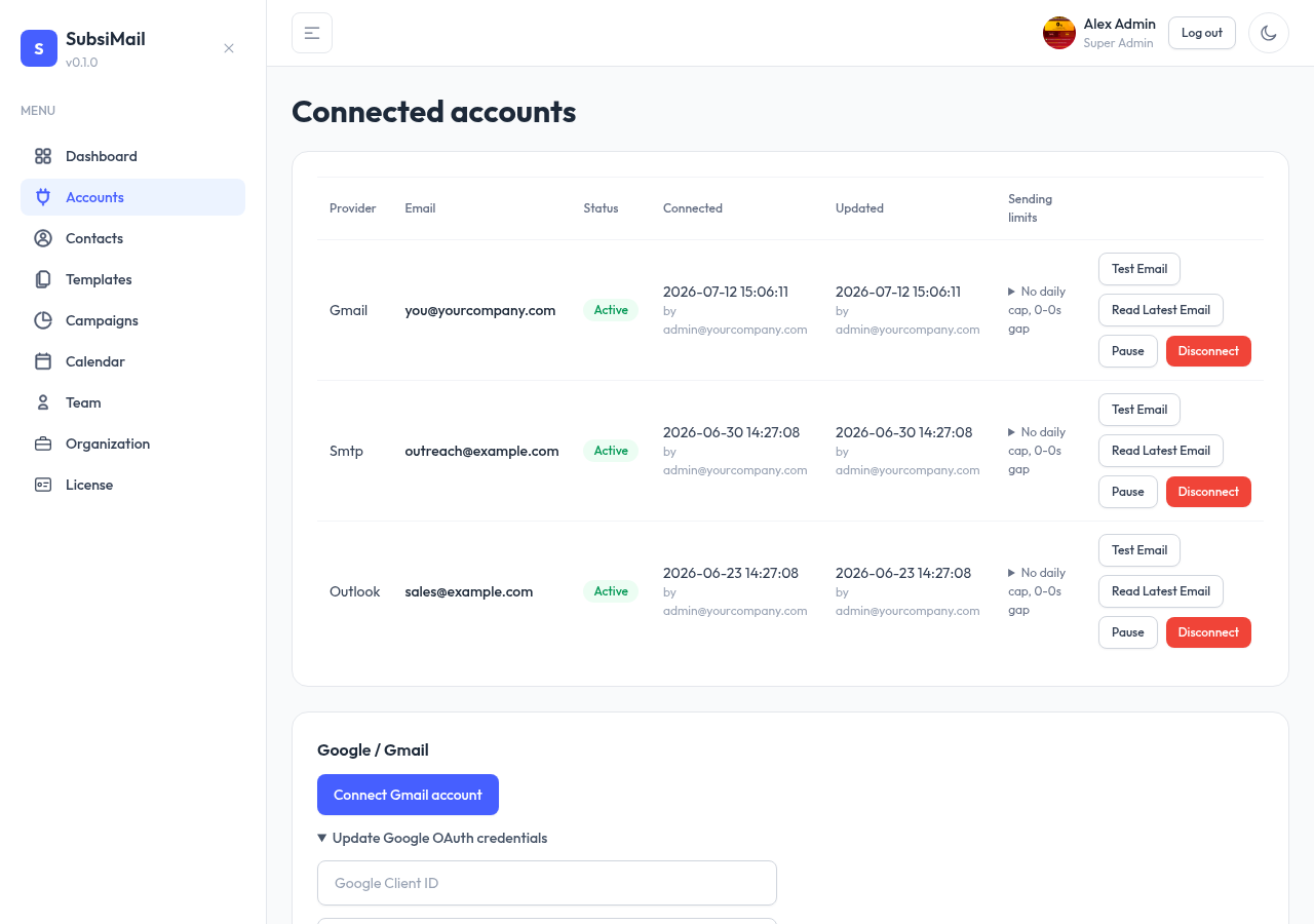 SubsiMail Accounts page Gmail configuration form