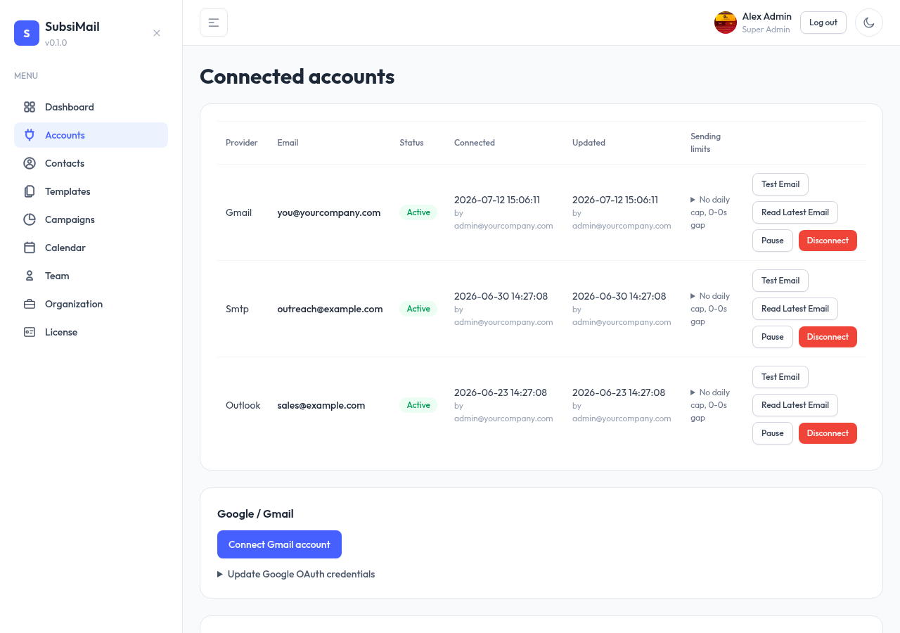 Accounts page listing connected Gmail, Outlook, and SMTP accounts