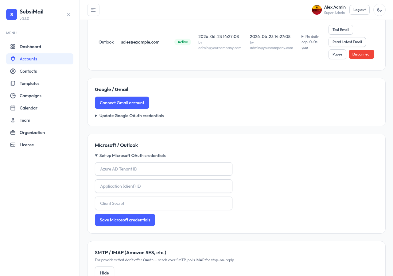 SubsiMail Accounts page SMTP/IMAP connection form
