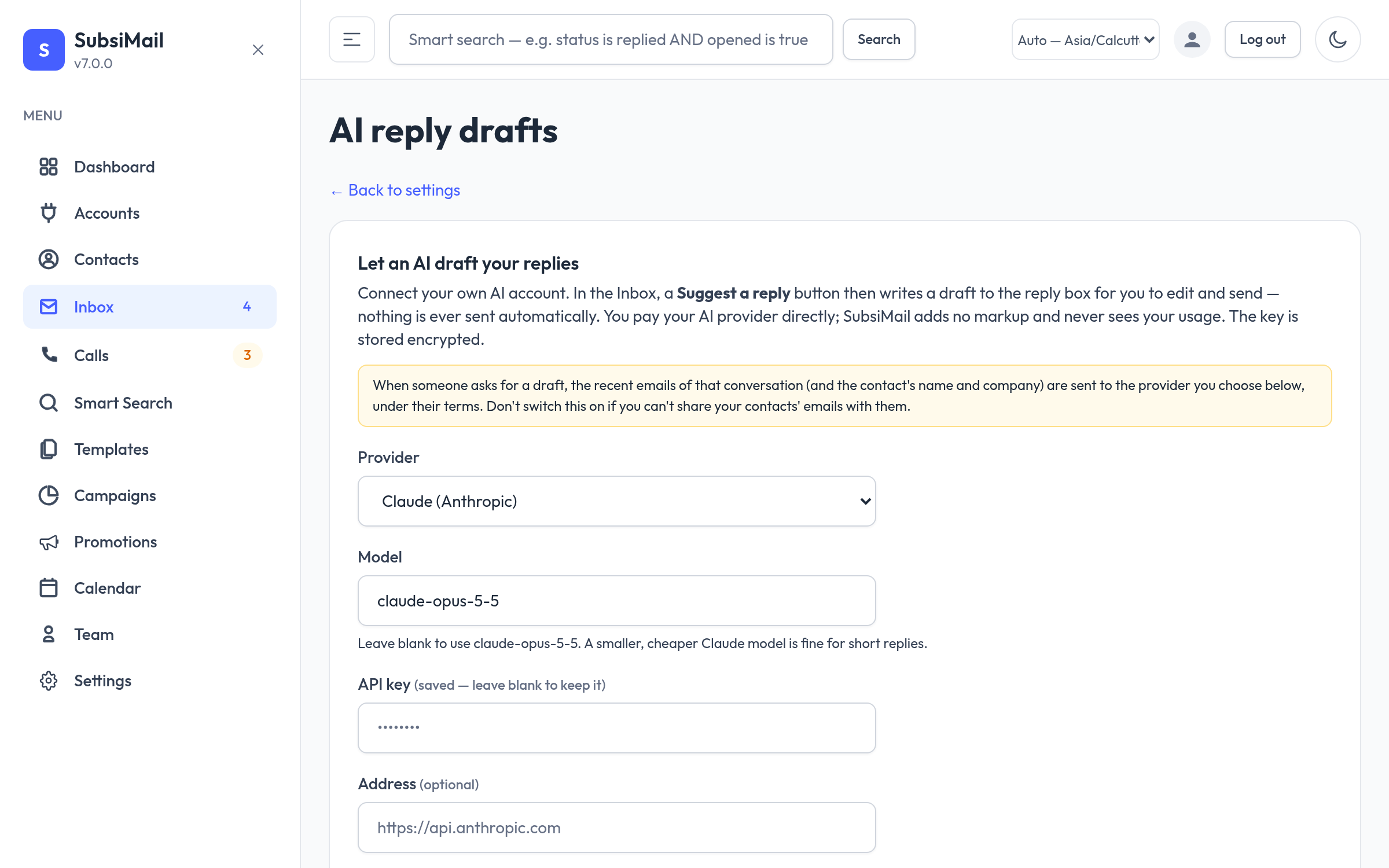 The AI settings page