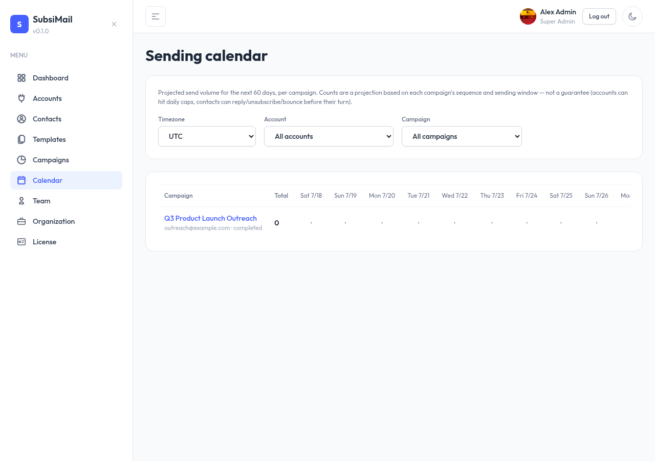 Calendar view showing projected send volume across days