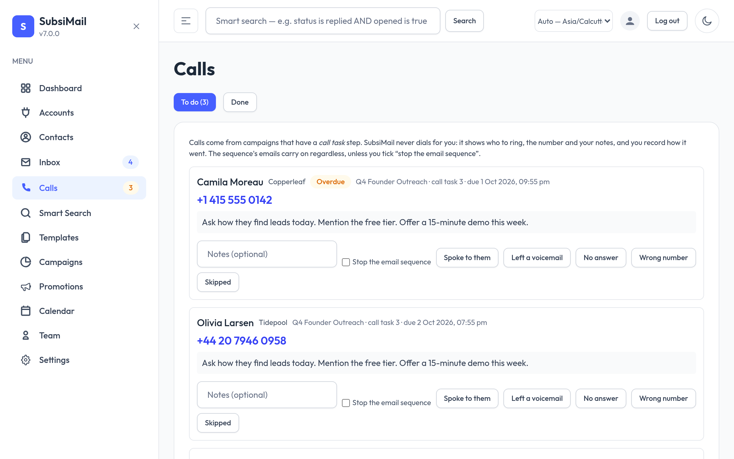 The Calls page