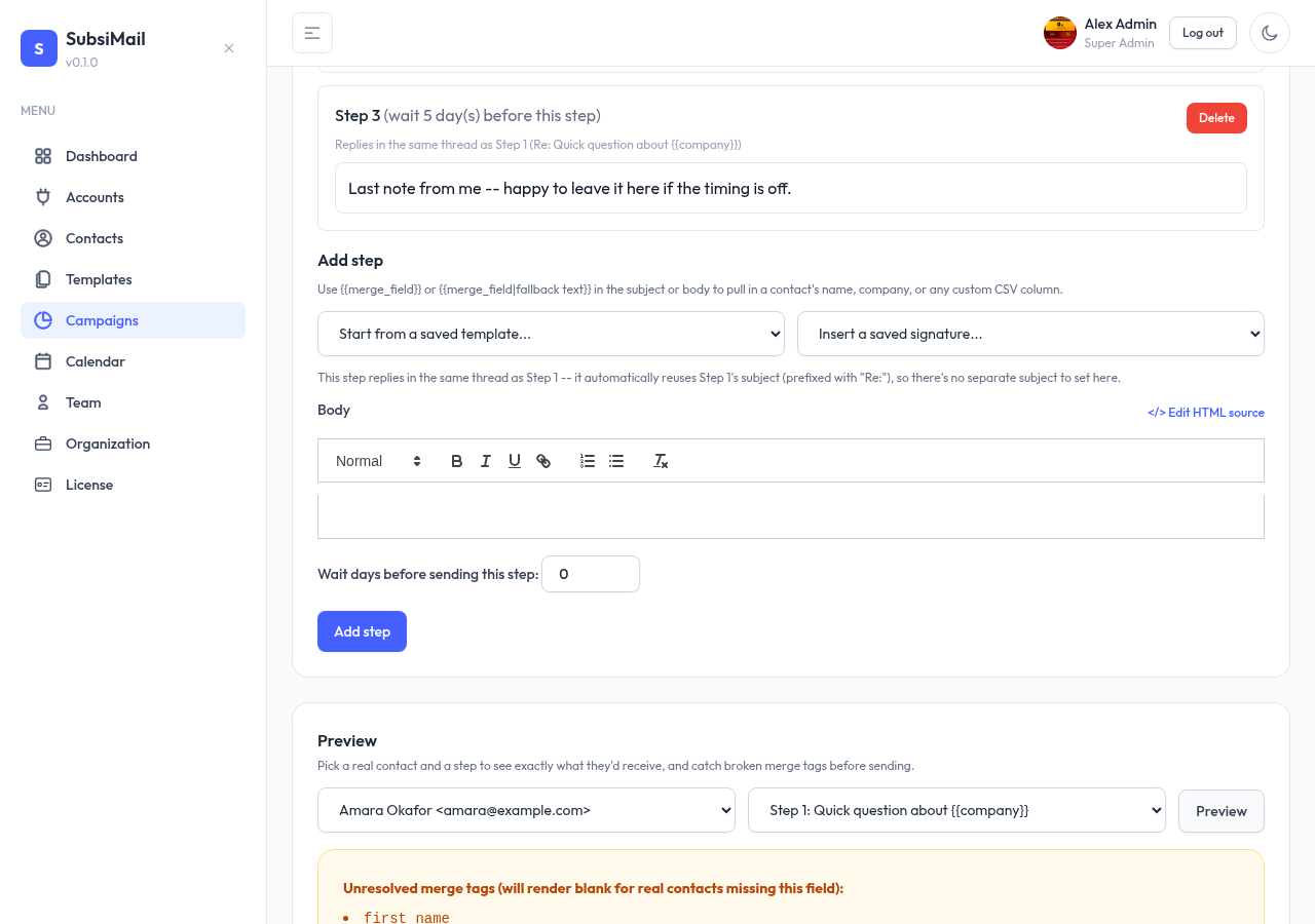 Campaign step preview showing rendered subject and unresolved merge tag warning for a contact