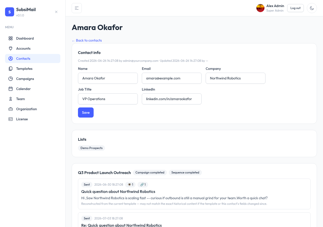 Contact detail page showing profile fields and list memberships