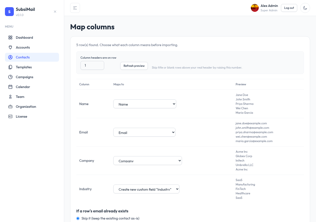 Column mapping screen with per-column dropdowns and data preview