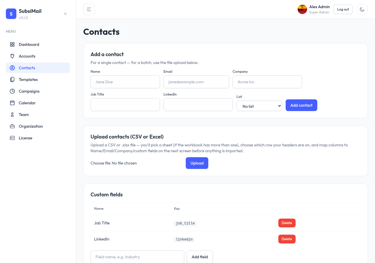 Add contact form with name, email, company, and custom fields