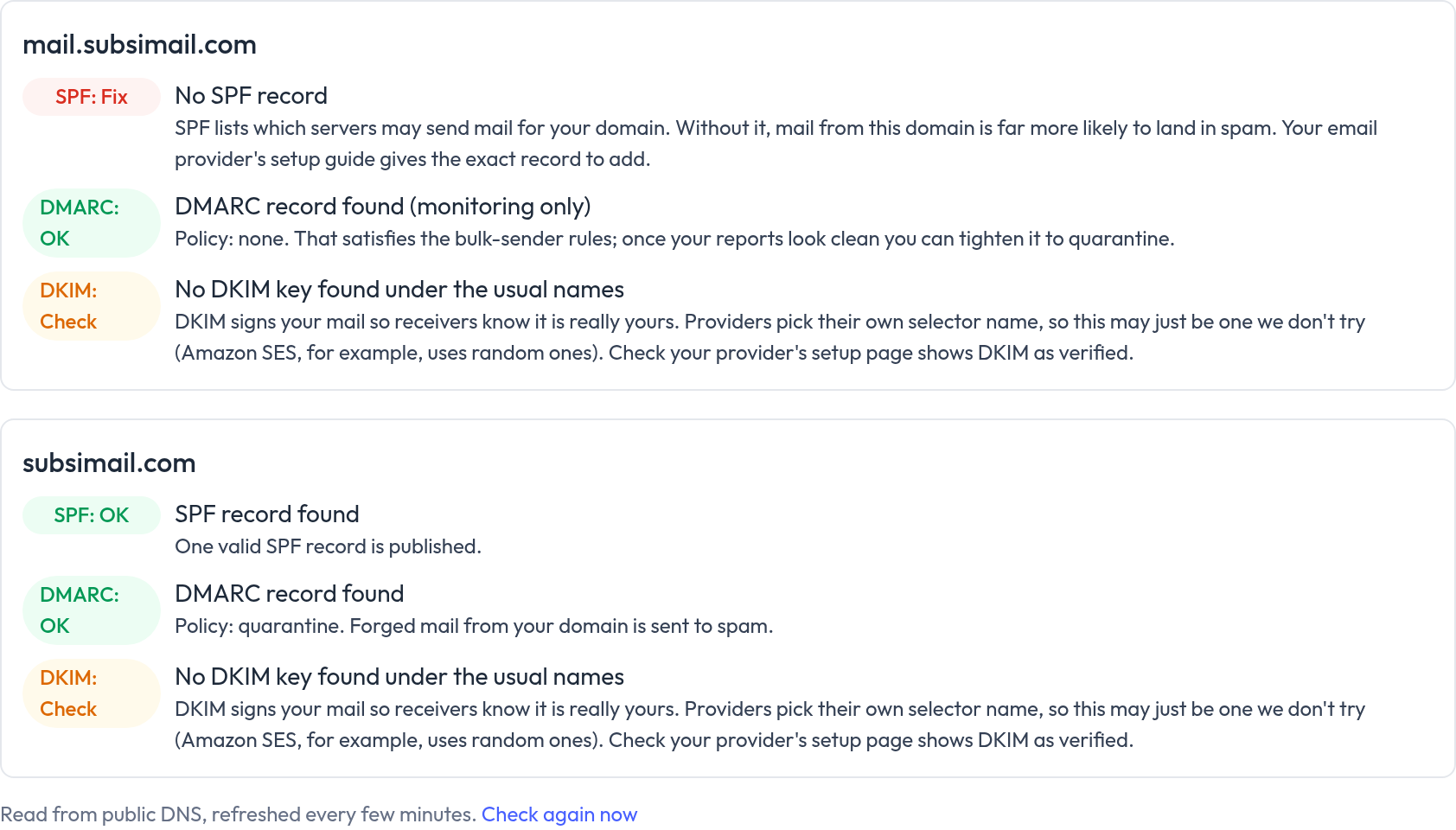 Sending domain health: SPF, DMARC and DKIM checks per domain