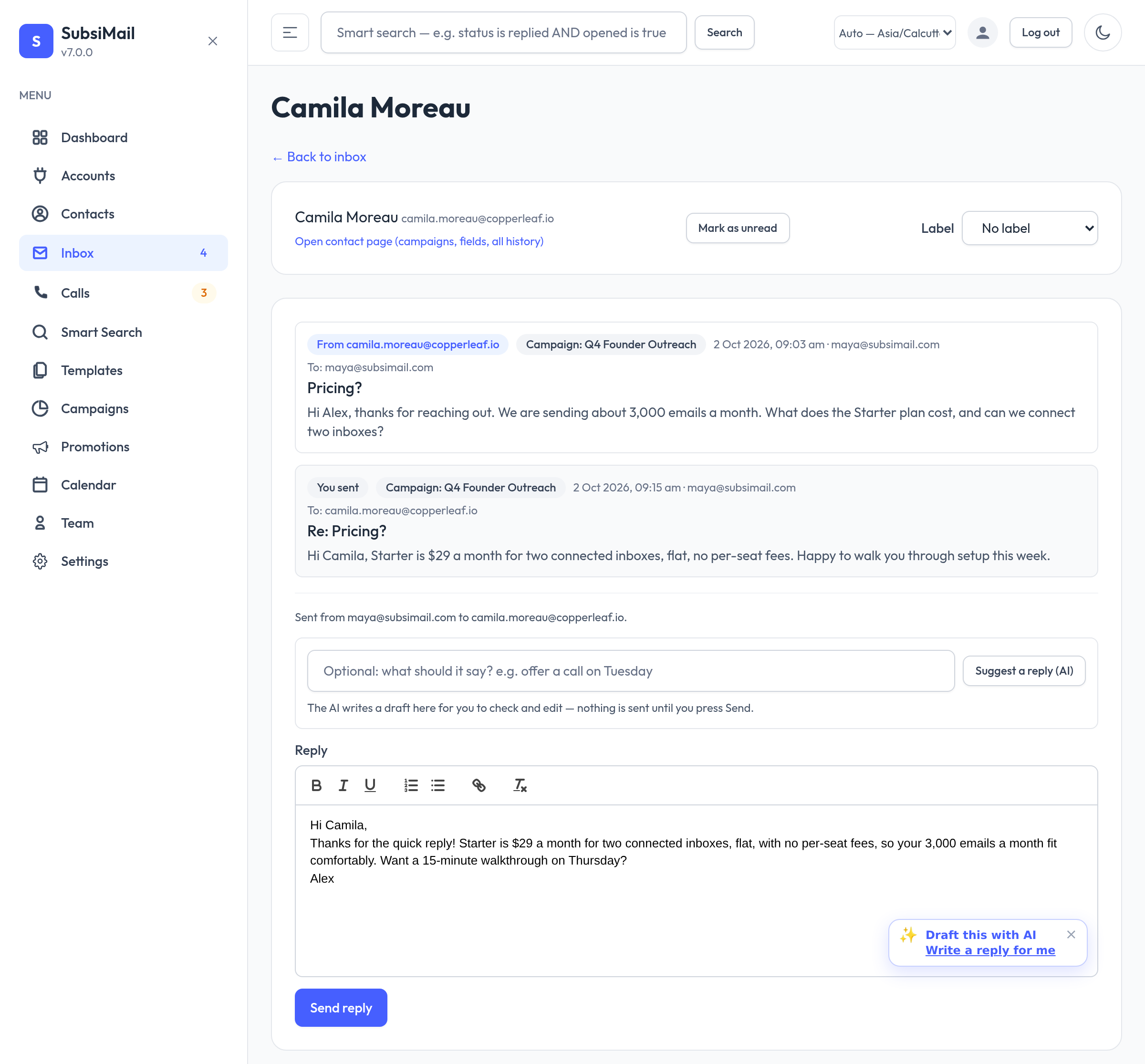A conversation with the reply editor
