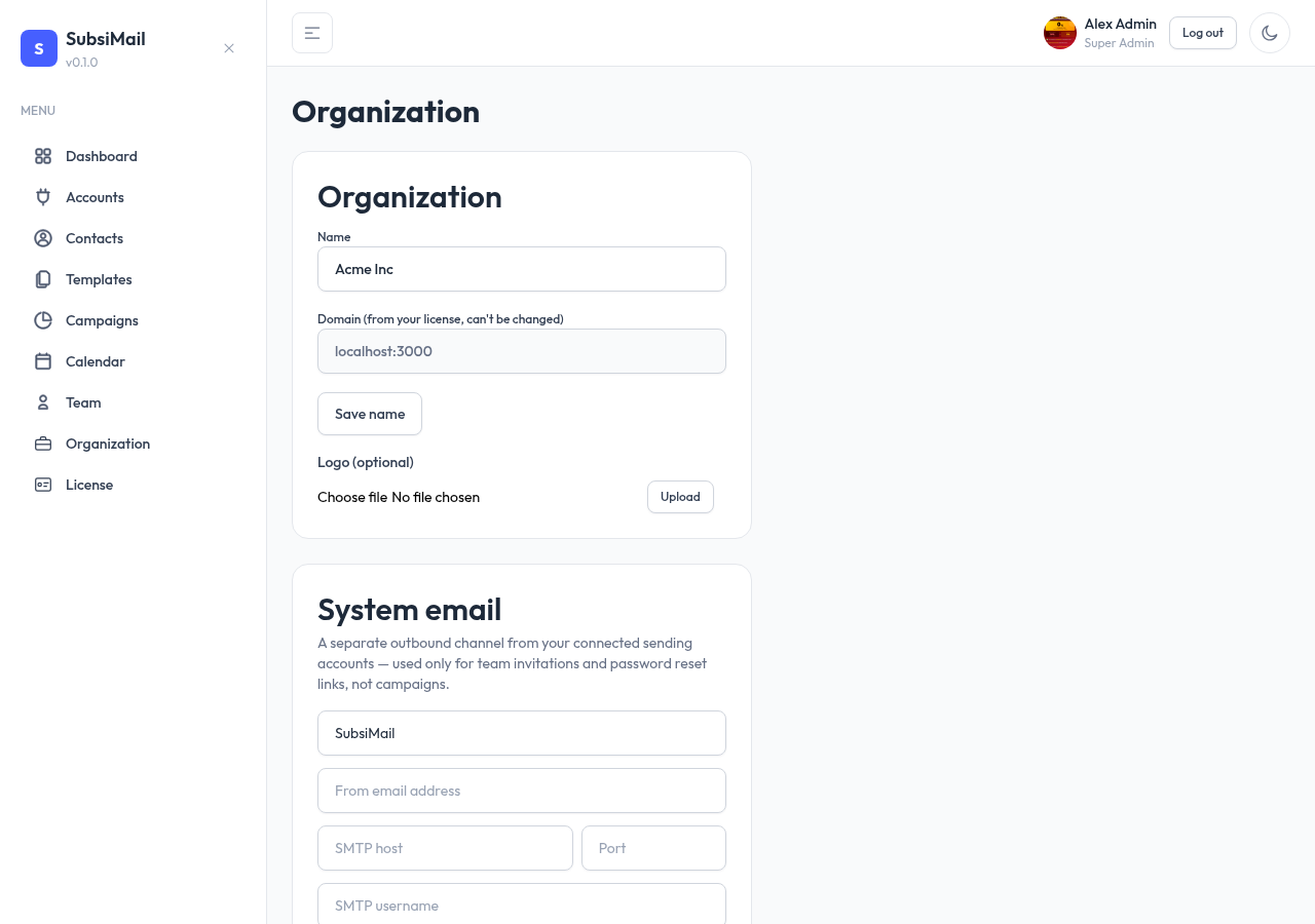 Organization page System Email settings form