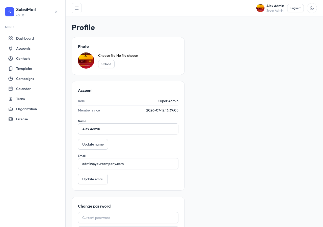 Personal profile page with name, email, password, and avatar fields