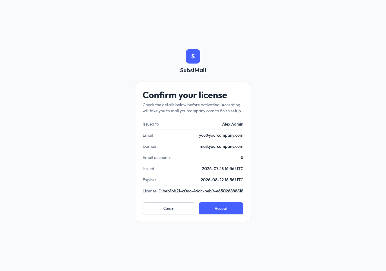 License confirmation screen showing issued-to, domain, seats, and expiry before activating