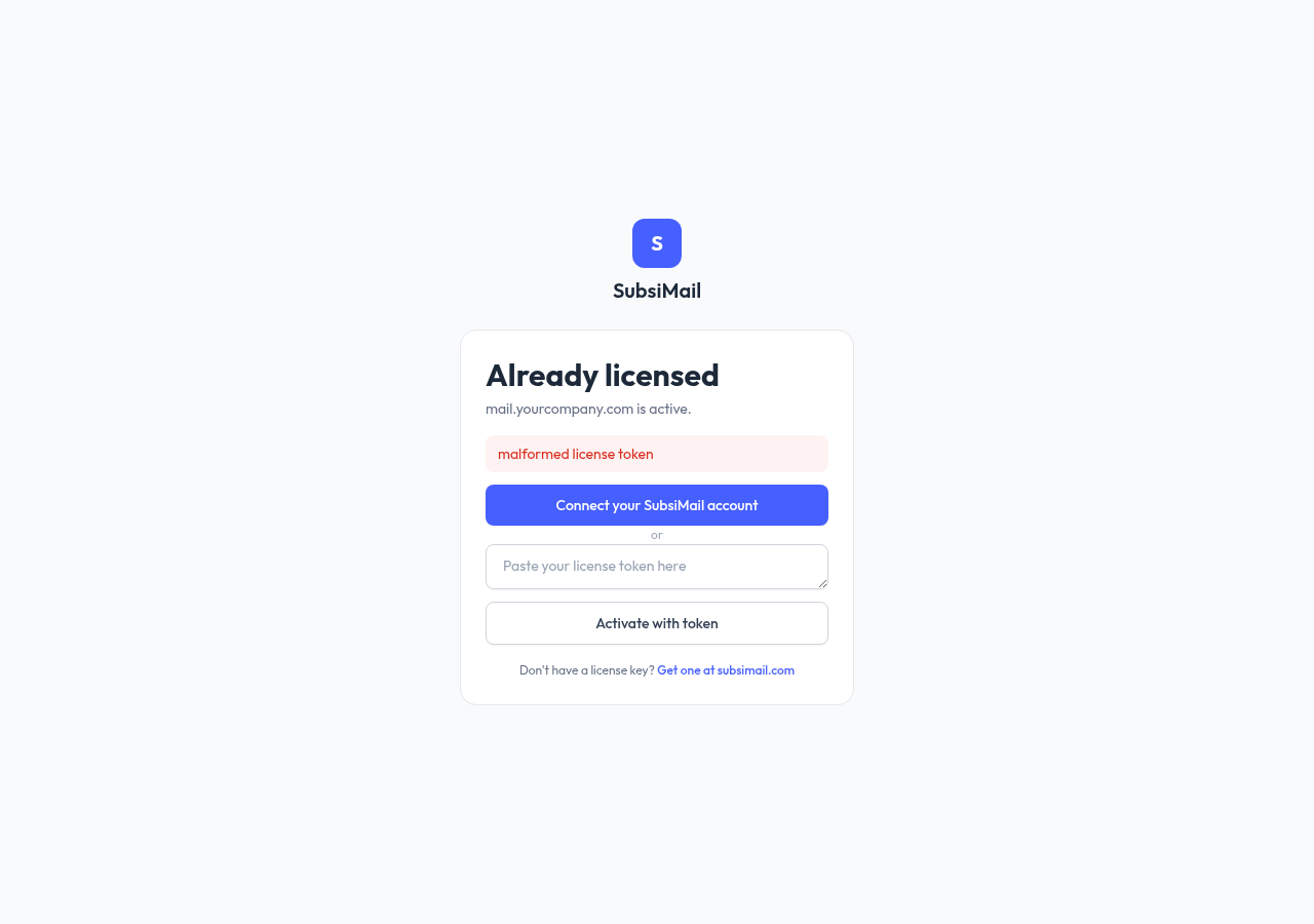 License token unreadable error banner