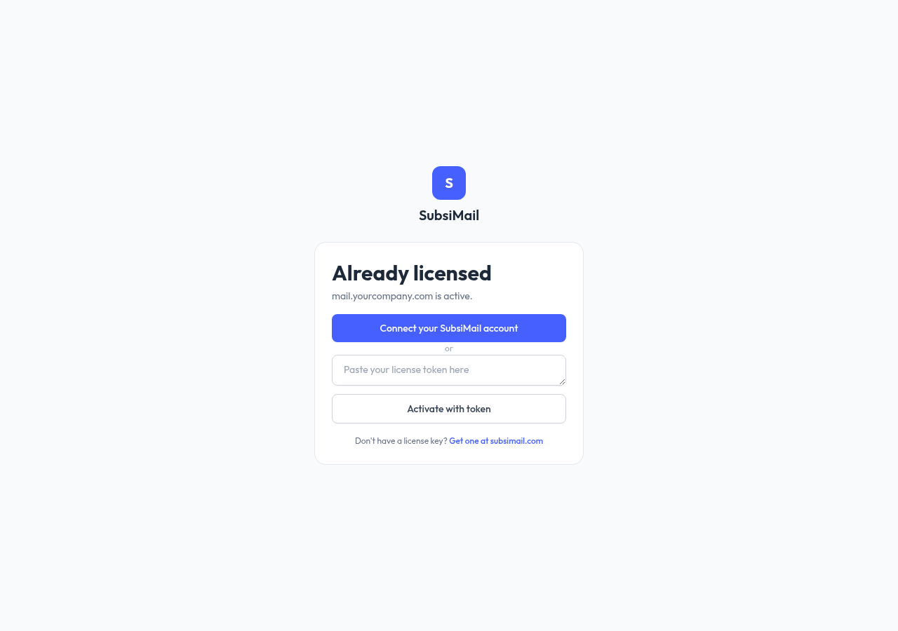 License activation screen with Connect your account and a token paste box