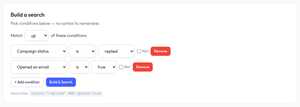 The visual query builder with two conditions and a live query preview