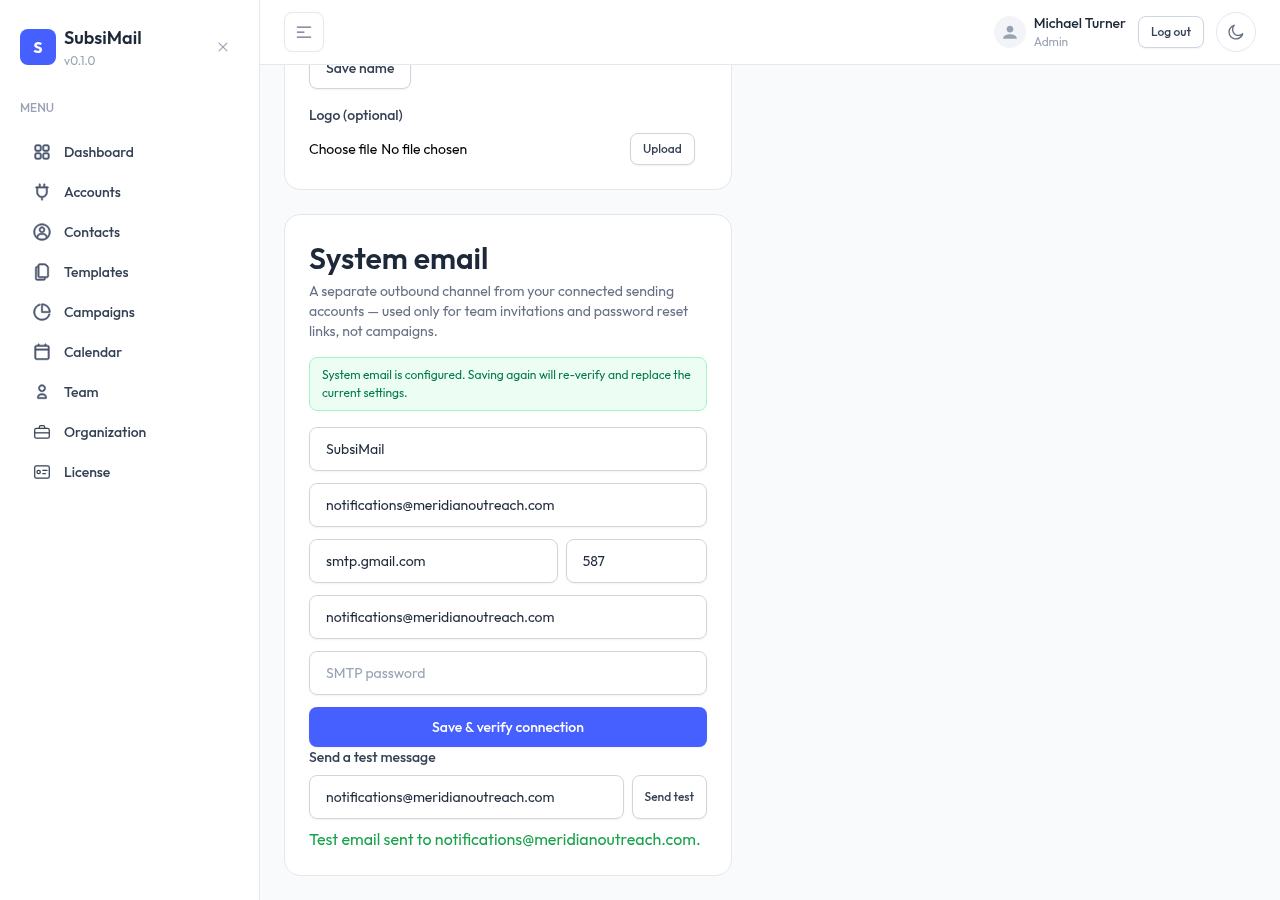 Send test email confirmation on Organization page