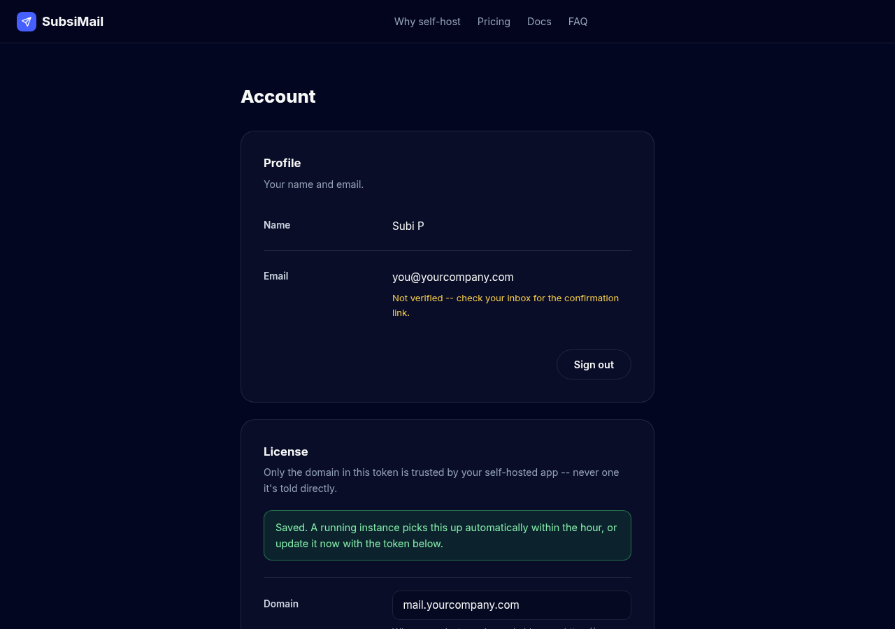 Account License section with domain field and copyable token box