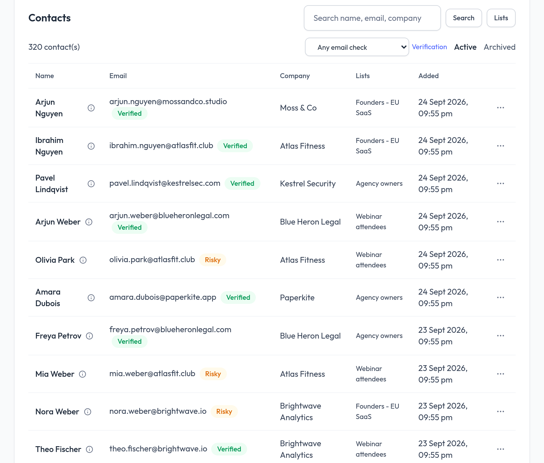 Contacts list with verified, risky and invalid badges