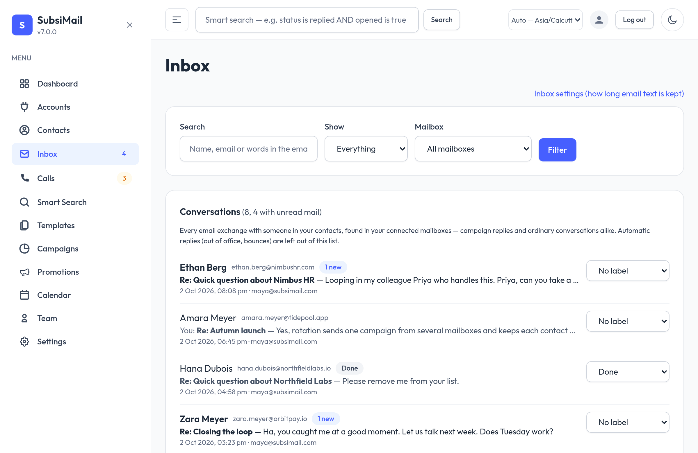 The SubsiMail unified inbox: every conversation with your contacts across all connected mailboxes