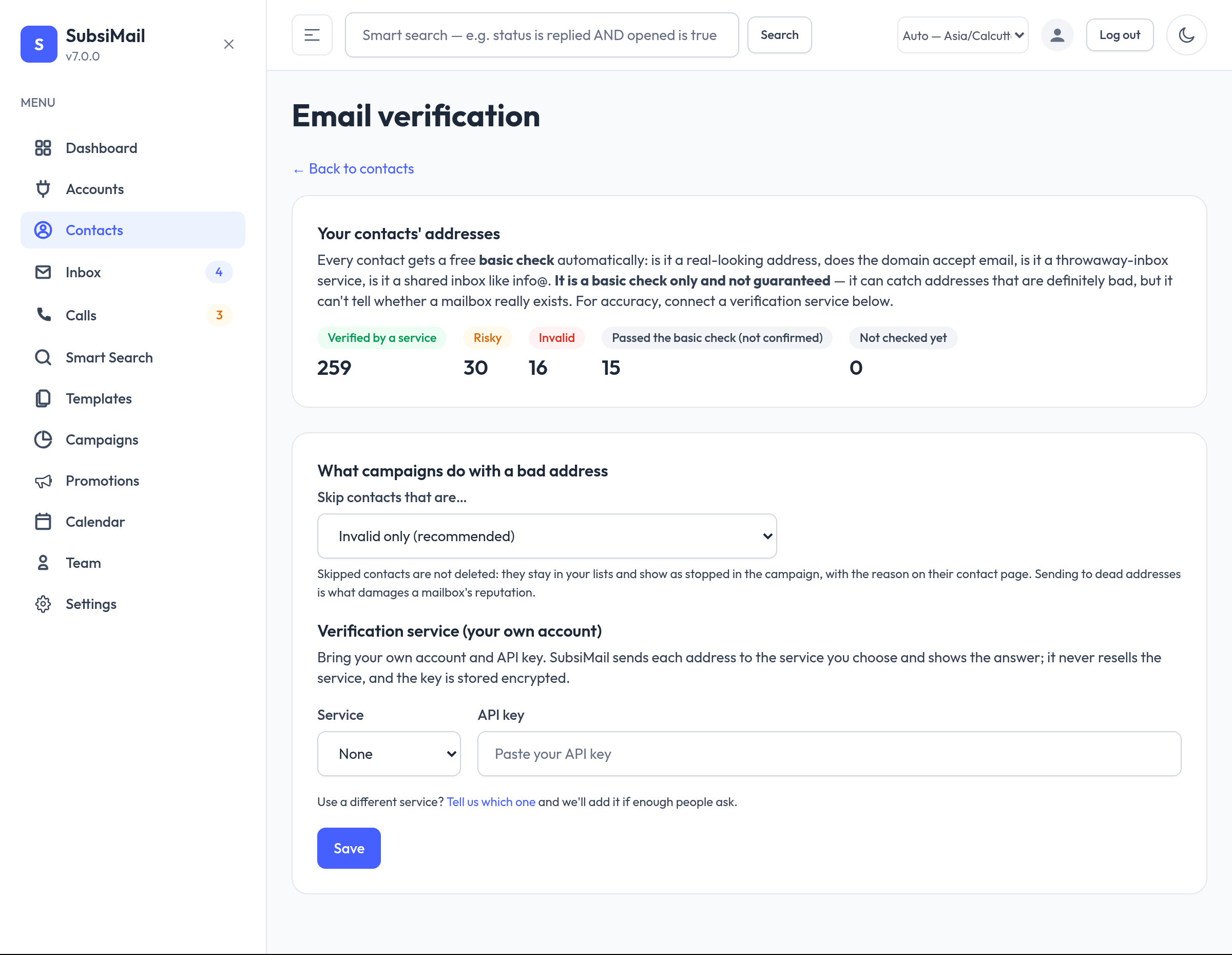 Email verification settings with a free basic check and optional ZeroBounce or MillionVerifier